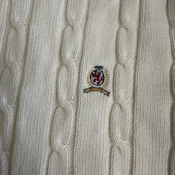 Tommy Hilfiger Vintage White Cable Knit Sweater Men’s Medium Crest Logo Pullover - Picture 6 of 8